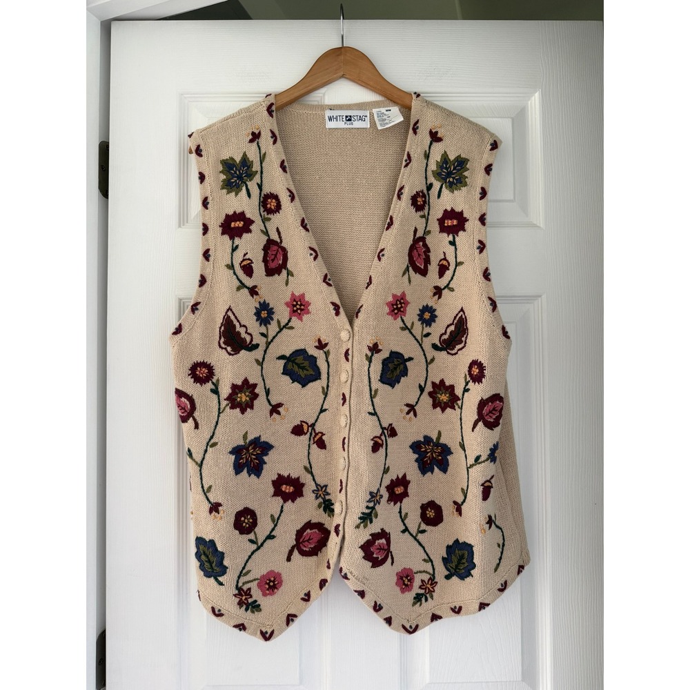 VTG Womens Fall Foliage Knit Sweater Vest Grannycore Cottagecore Whimsy Folk